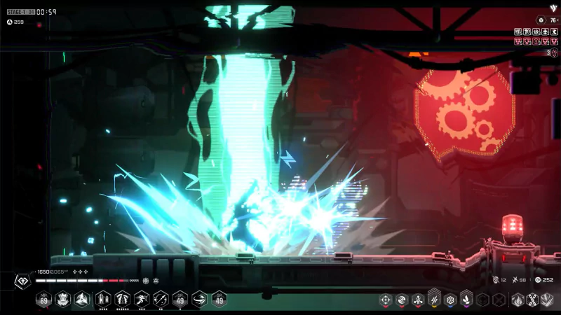 Screenshot from the video game BlazBlue Entropy Effect showing a dynamic action scene with vibrant energy effects and futuristic industrial background.