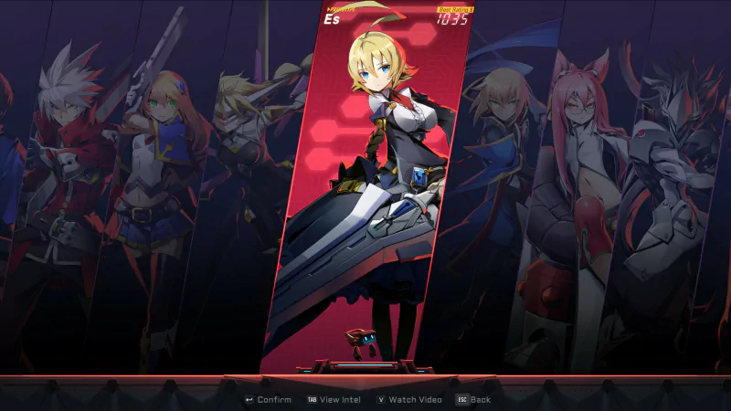 Concept art from the video game 'BlazBlue Entropy Effect' featuring a character in a combat stance with teammates in the background, showcasing dynamic designs and a vivid color palette.