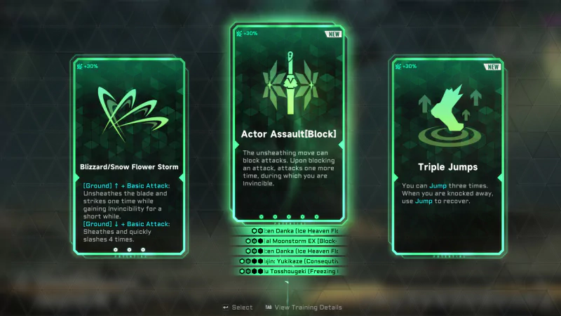 Three ability cards from the video game BlazBlue Entropy Effect showcasing game mechanics like Blizzard Snow Flower Storm, Actor Assault(Blok3), and Triple Jumps.