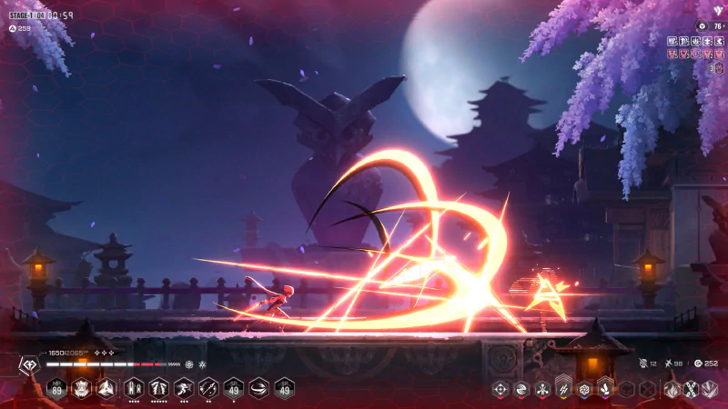 Dynamic combat scene from BlazBlue Entropy Effect video game featuring a character executing a powerful energy attack on a traditional Japanese-inspired battlefield under a full moon.