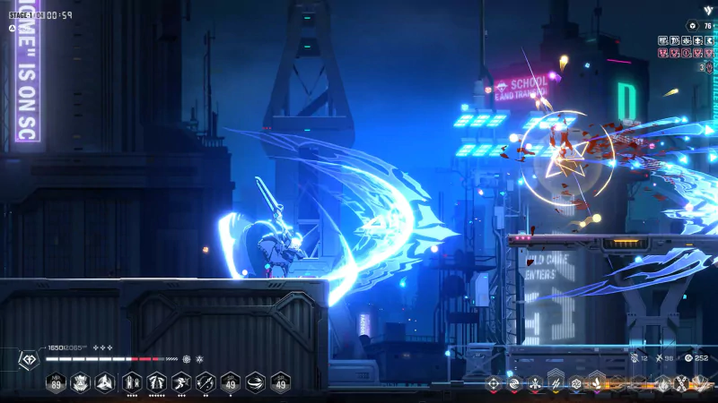 Action-packed scene from BlazBlue Entropy Effect video game with vibrant character battle animation in futuristic city setting.