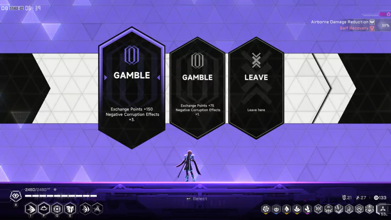 Screenshot from the video game 'BlazBlue Entropy Effect' showing a character decision screen with options to 'GAMBLE' or 'LEAVE', featuring stylized hexagonal design elements.