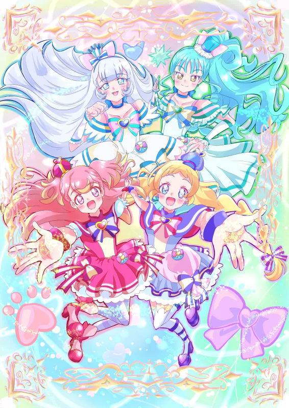 Colorful anime characters from Wonderful PreCure series posing with magical background.
