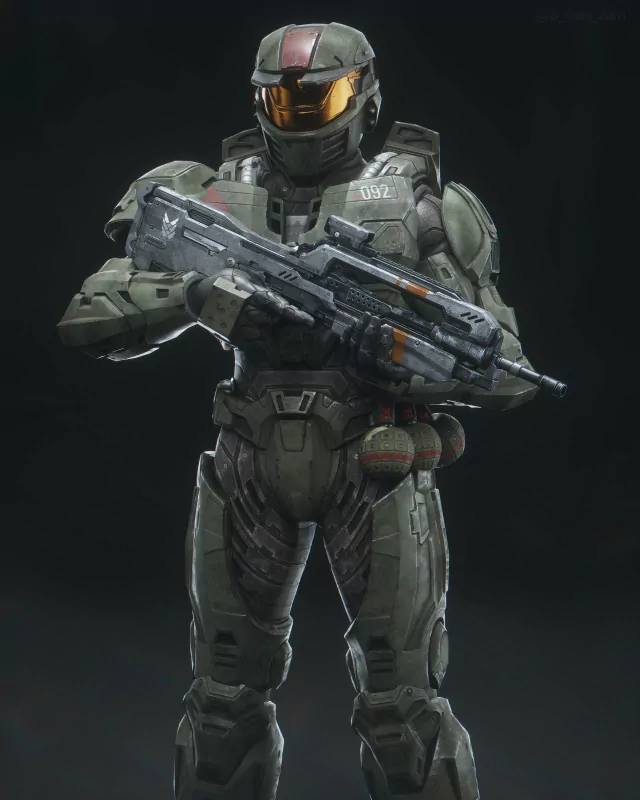 Master Chief from the Halo TV series holding a futuristic assault rifle.