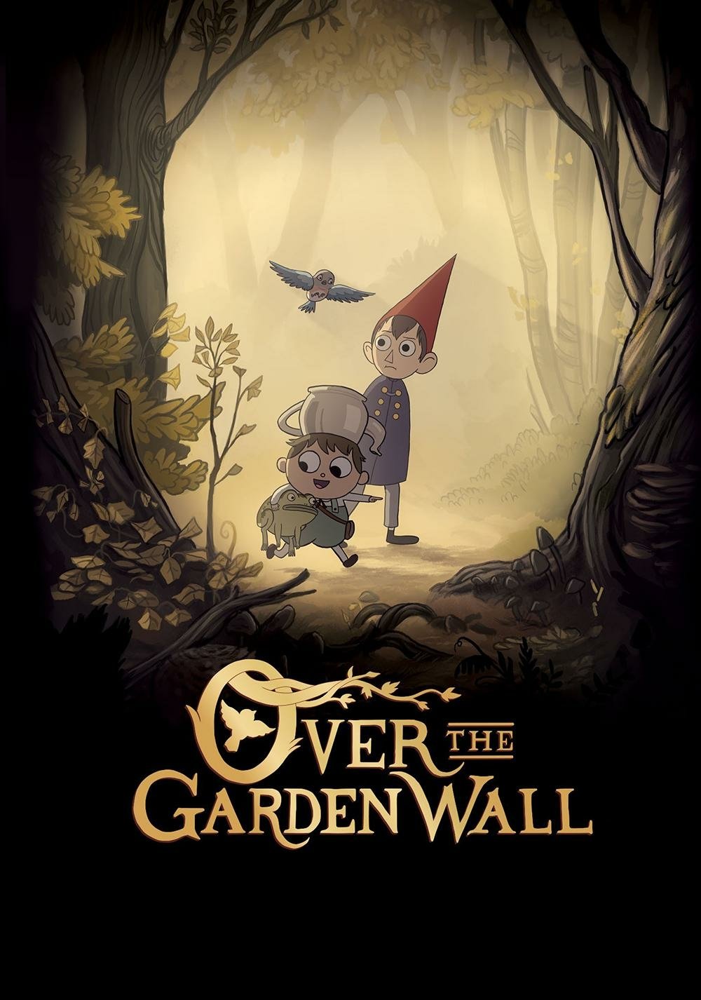 Poster of the animated TV show 'Over the Garden Wall' featuring the main characters standing in a mystical forest setting.