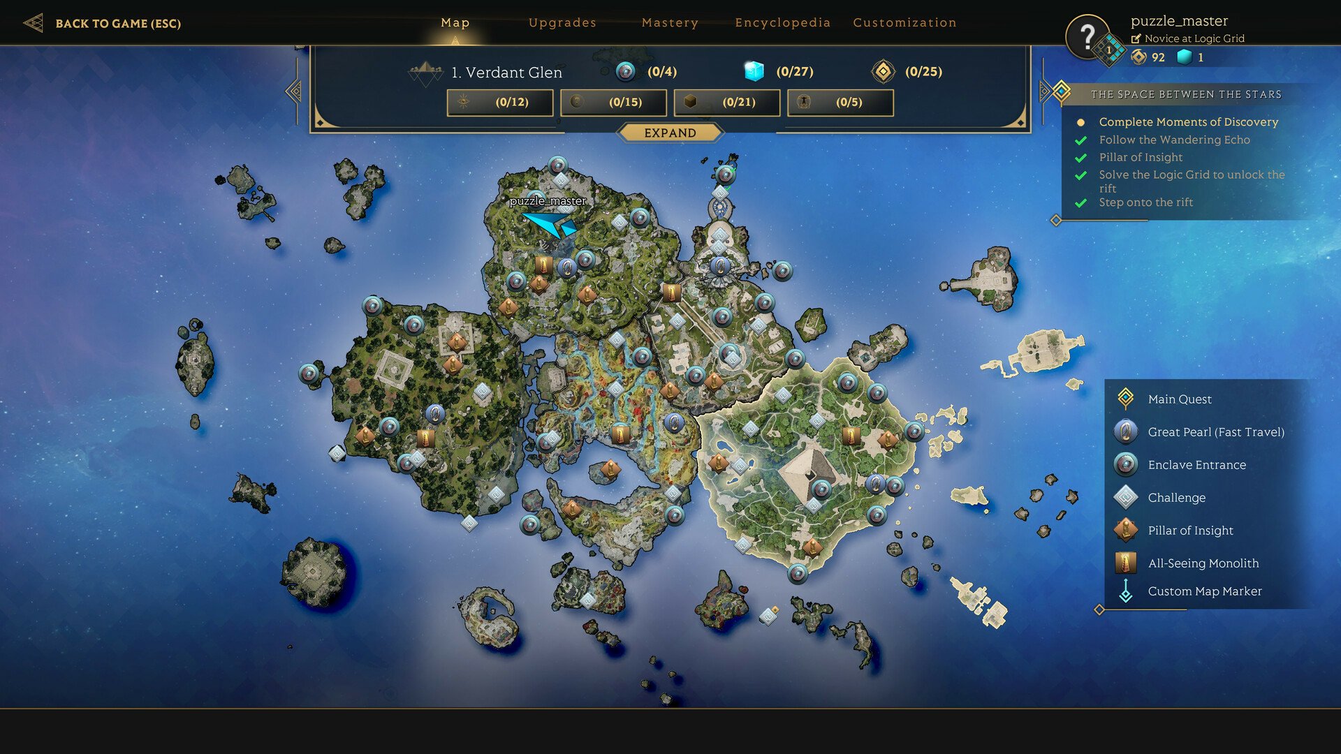 Screenshot from the video game Islands of Insight showing a bird's-eye view of a detailed archipelago map with user interface elements displaying game statistics and objectives.