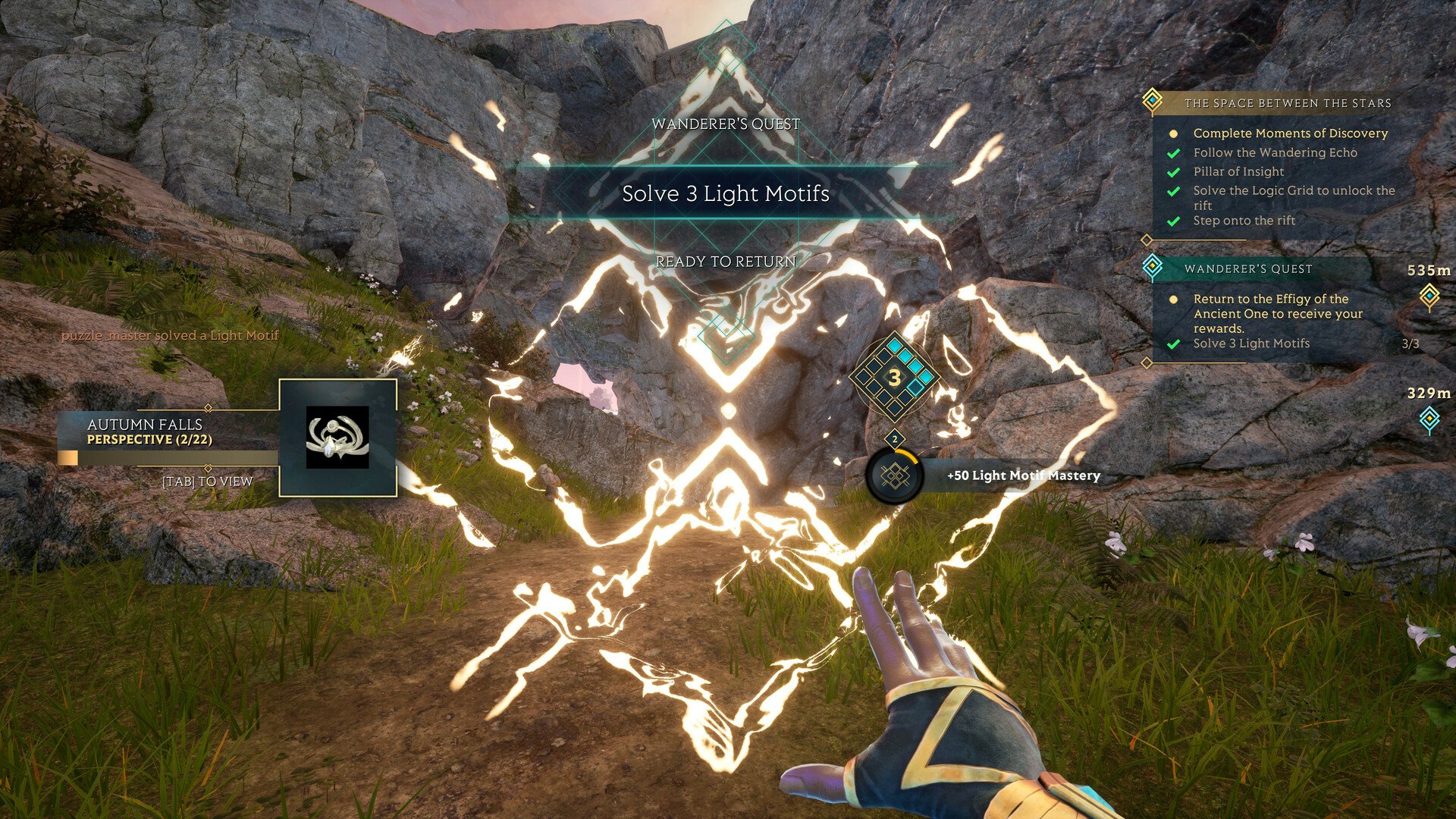 Screenshot from the video game Islands of Insight showing a player's first-person view as they solve a Blight Node puzzle with a magical compass in hand and mountainous terrain in the background.