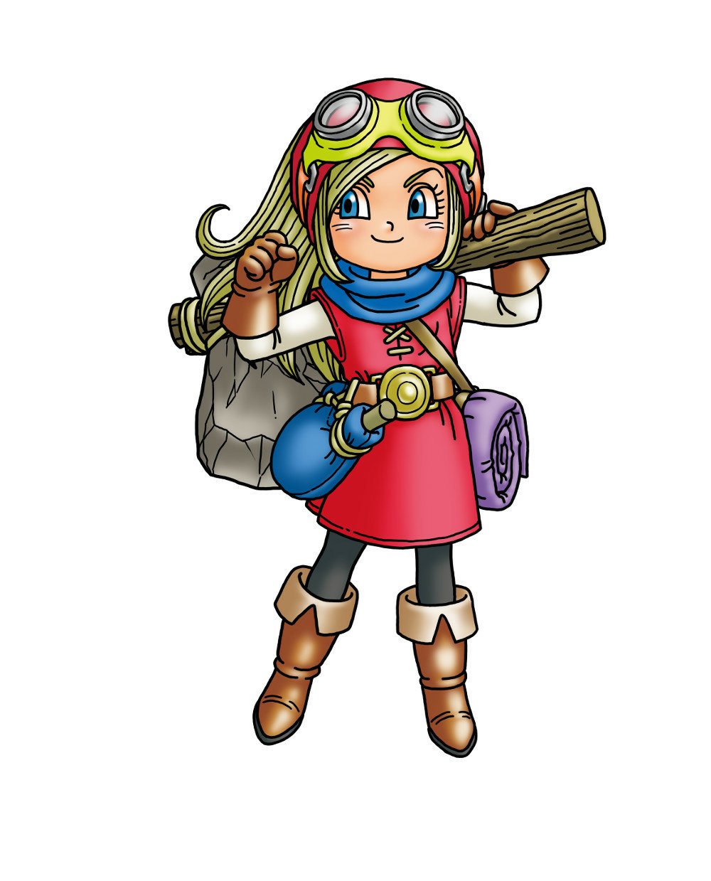 Illustration of a character from Dragon Quest Builders video game, showing an adventurous young builder with a wooden staff, backpack, and crafting tools.