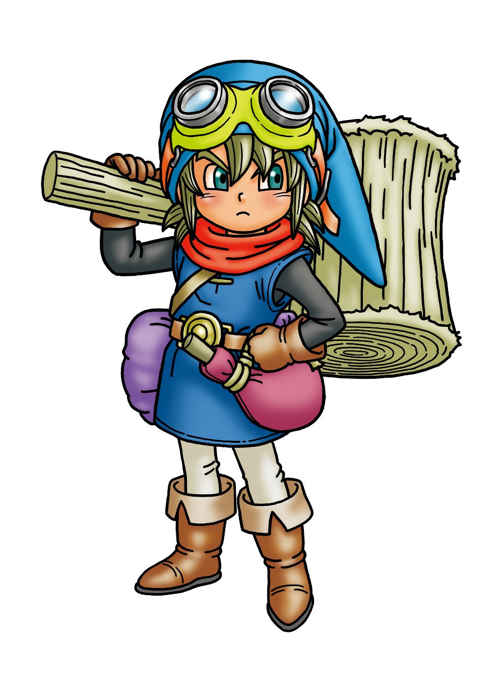 Illustration of a Dragon Quest Builders character carrying lumber and wearing builder's attire with goggles and a cape.