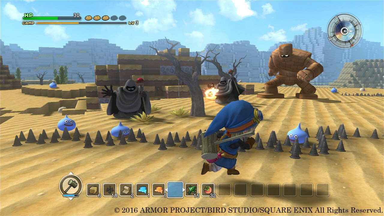 Player character in blue armor facing a golem enemy in the sandbox game Dragon Quest Builders.