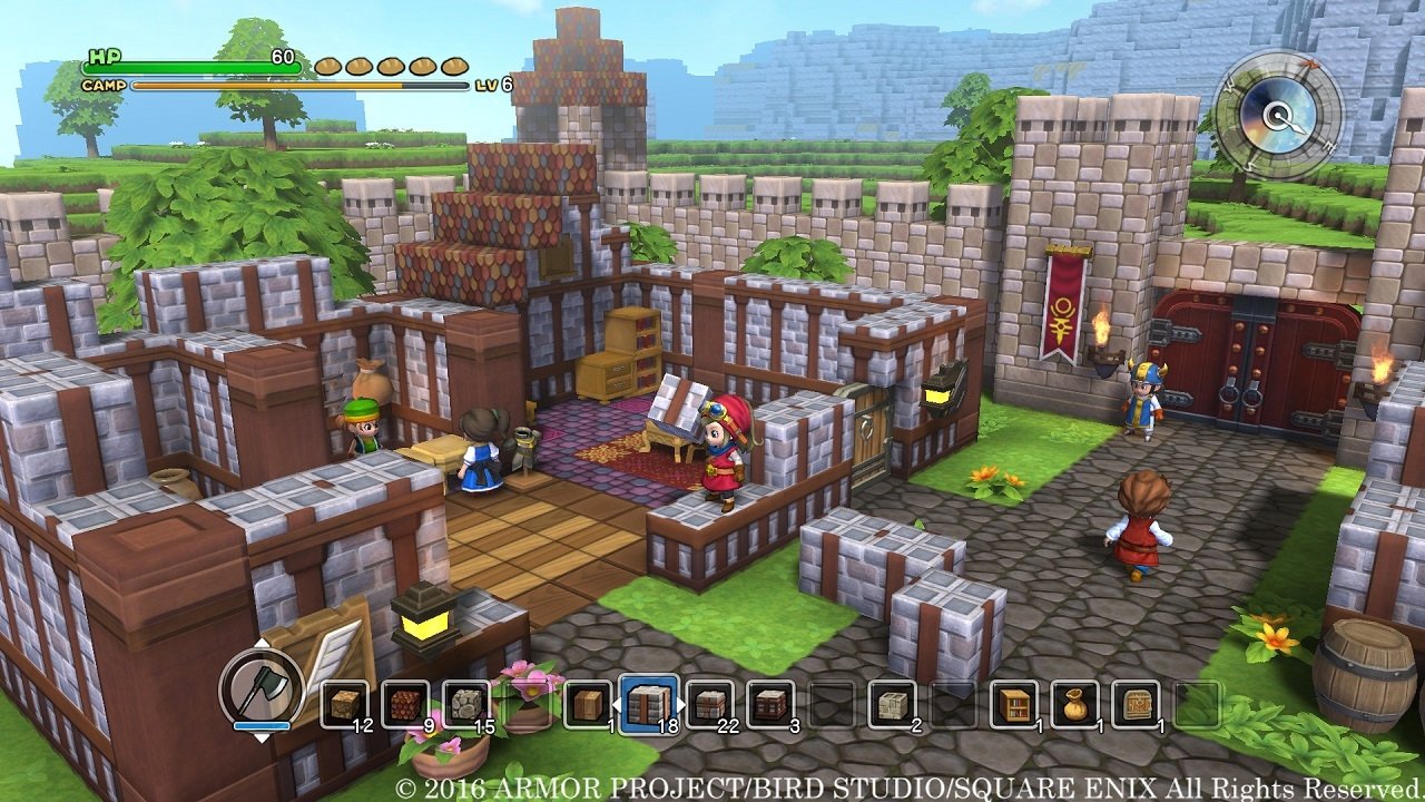 Screenshot from Dragon Quest Builders featuring a player-built medieval castle with characters and crafting stations, showcasing the game's building and design capabilities.