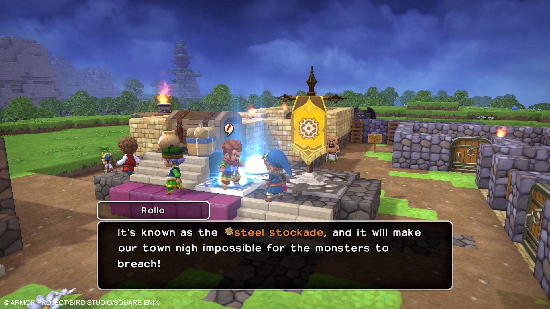 Screenshot from Dragon Quest Builders video game showing characters in a fortified town with dialogue about the steel stockade.