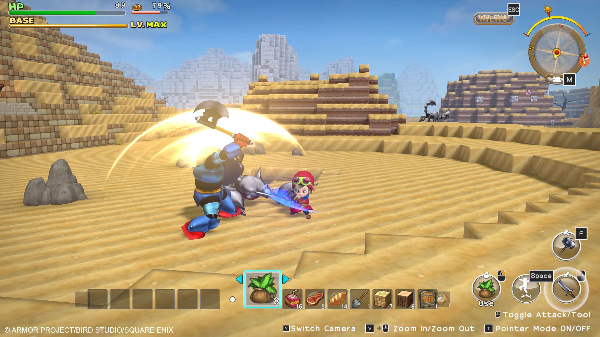 Player character battling a blue monster in the desert landscape of Dragon Quest Builders video game.
