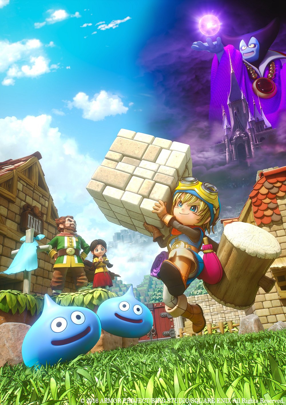 Promotional artwork for Dragon Quest Builders video game featuring characters and iconic blue slimes against a fantasy backdrop.