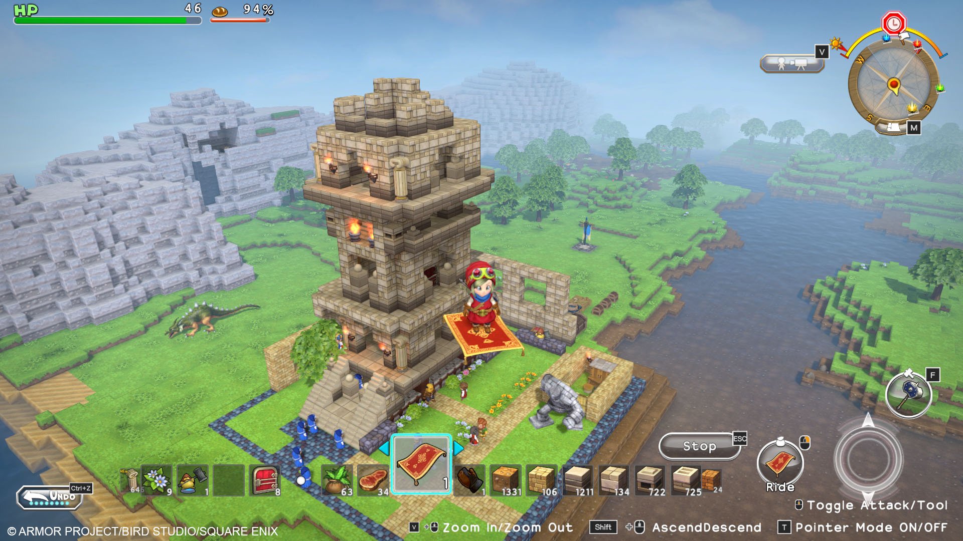 Screenshot of Dragon Quest Builders gameplay featuring character overlooking a custom-built stone tower with surrounding landscape.