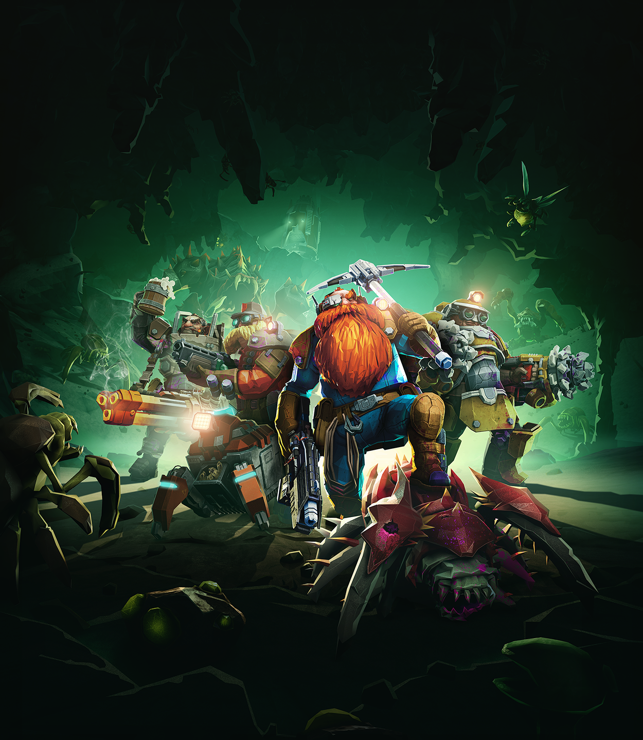 A dynamic illustration of characters from the video game Deep Rock Galactic: Survivor, showcasing dwarven miners armed for combat against alien creatures in a dark cavernous environment.