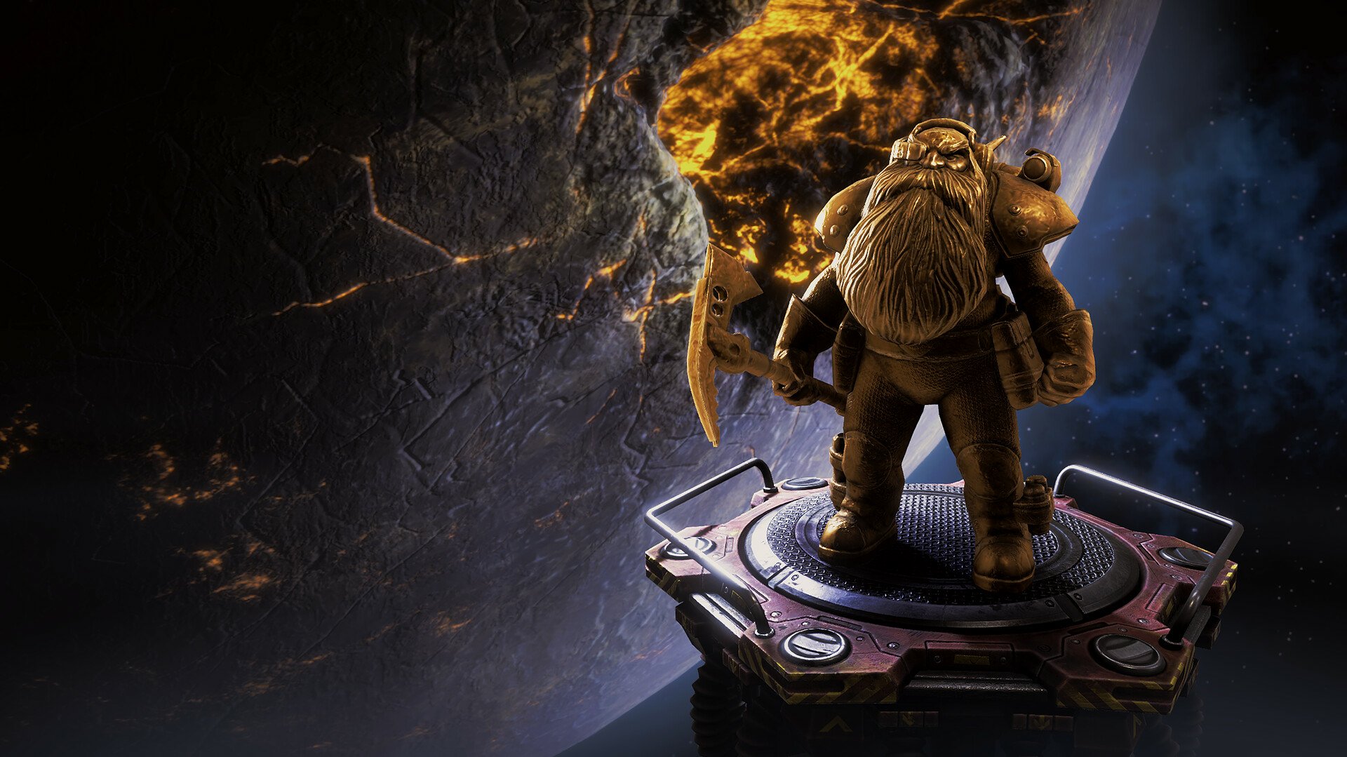 Character from Deep Rock Galactic: Survivor video game standing heroically on a platform with a fiery explosion in the background.