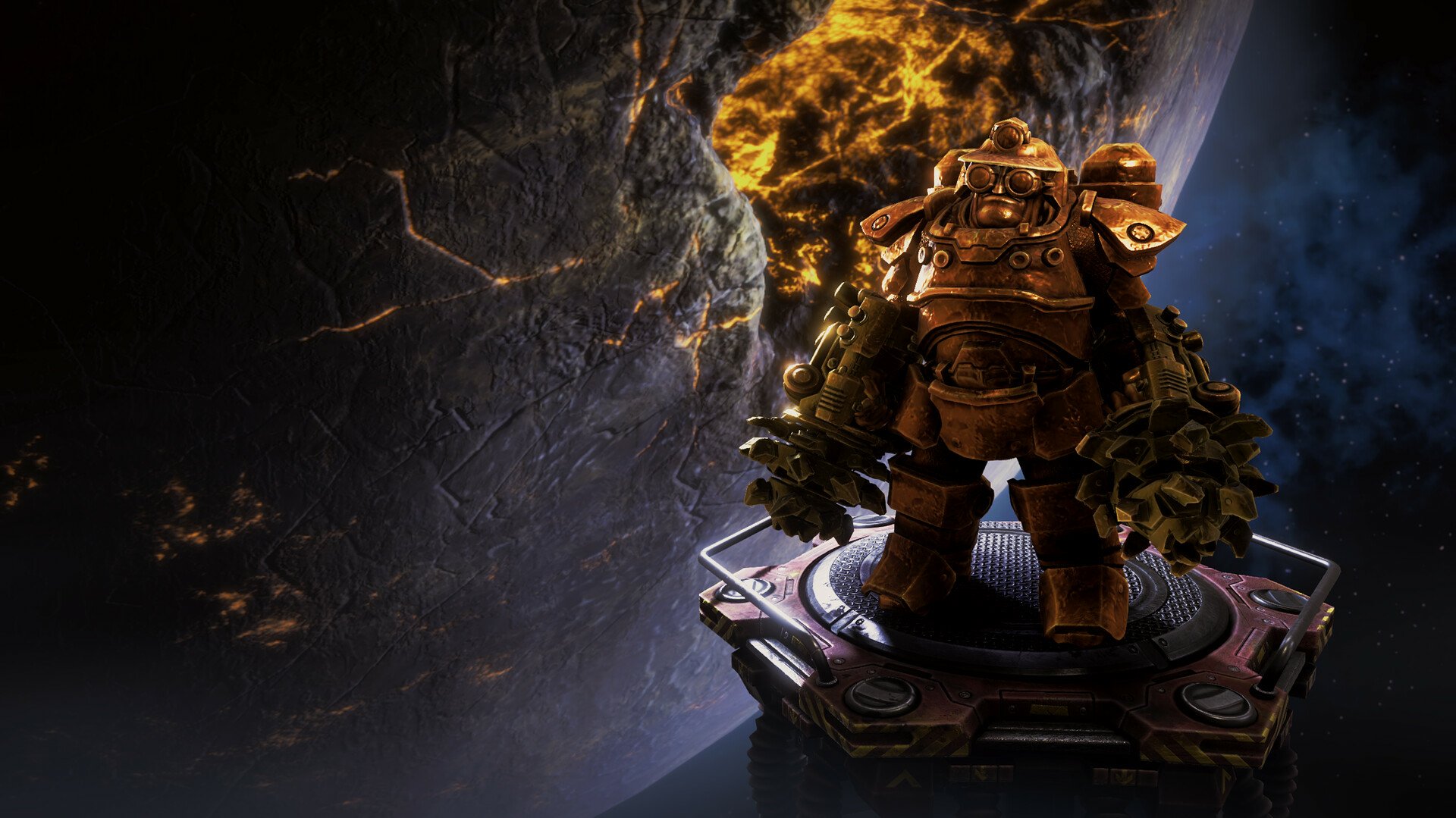 Armored space dwarf from Deep Rock Galactic: Survivor video game standing heroically on a platform with a glowing crystal background.