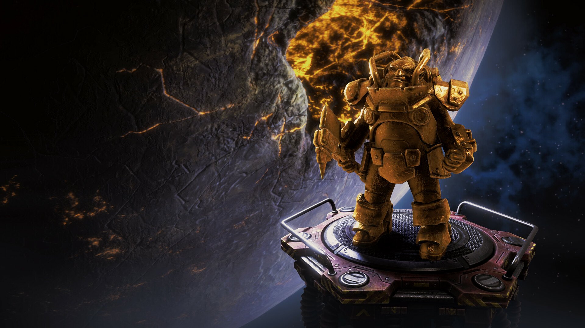 A space dwarf character from Deep Rock Galactic game standing heroically with a fiery explosion in the background.
