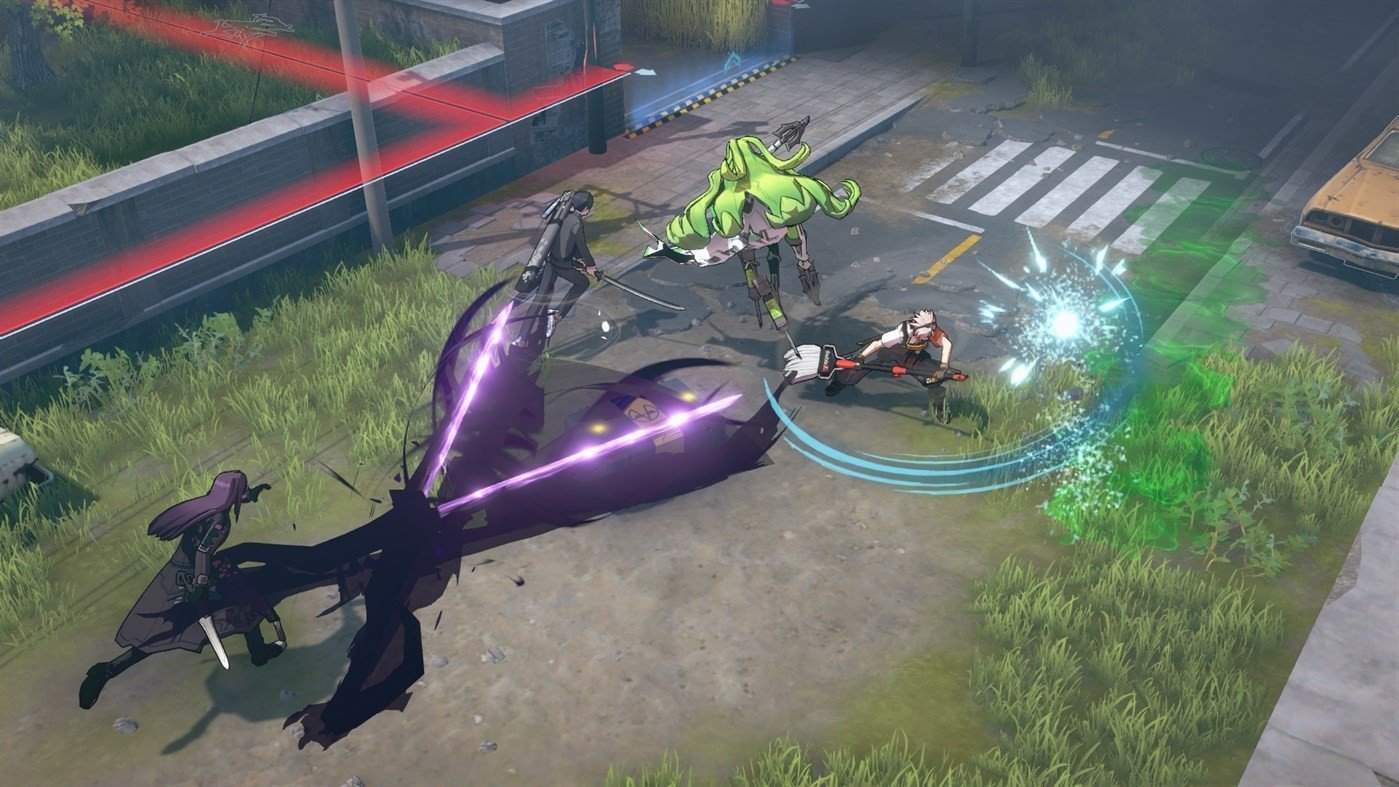 Eternal Return video game screenshot showcasing a dynamic battle scene between characters with distinctive weapons and abilities on an urban battlefield.