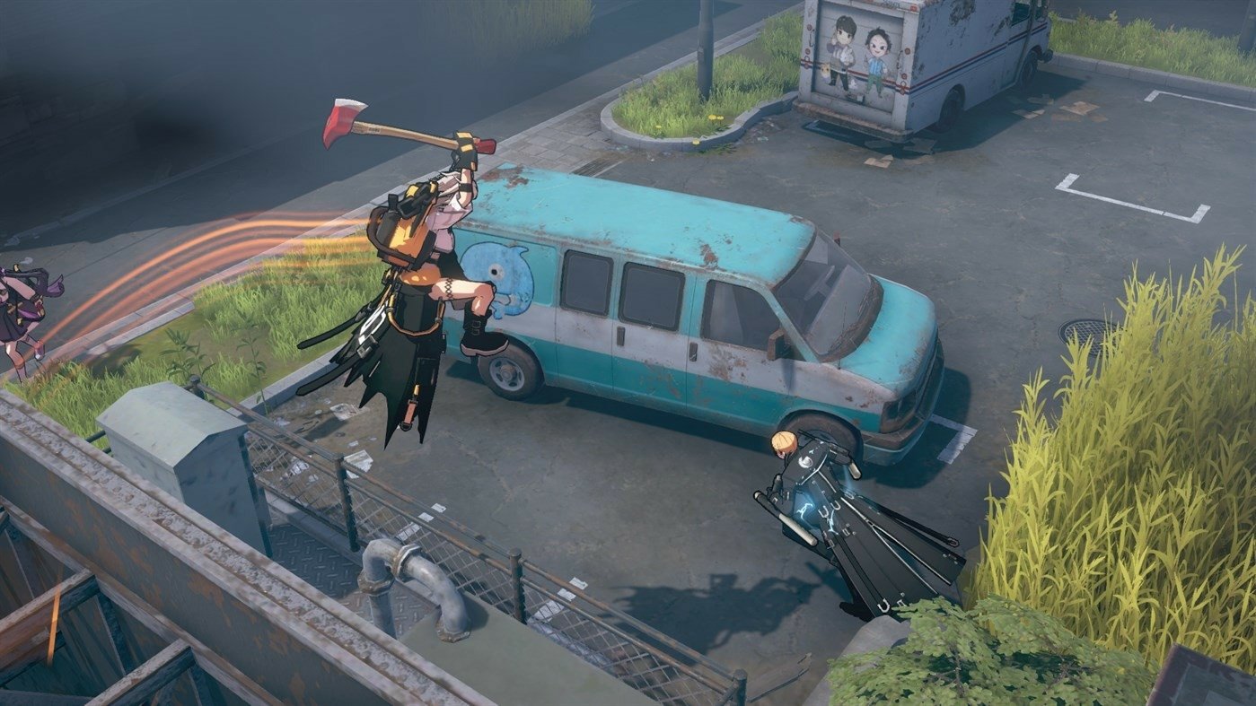 Eternal Return video game action scene with character wielding weapon atop a blue van.