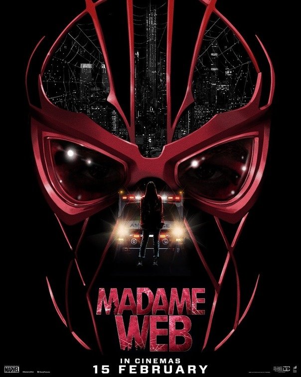 Promotional poster for the movie Madame Web featuring an iconic red mask with cityscape reflection, announcing its release in cinemas on February 15.