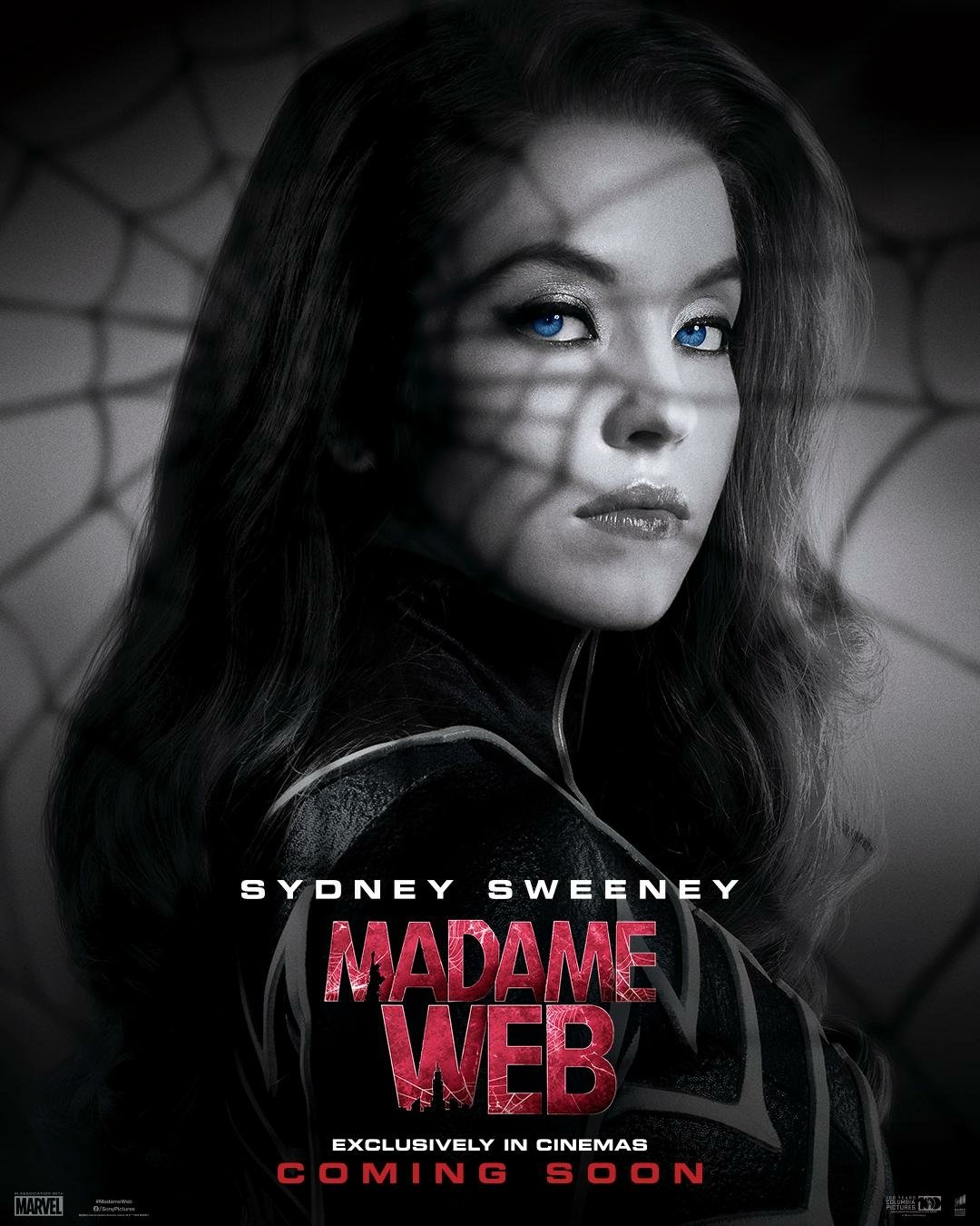 Promotional poster for the movie Madame Web featuring an intense portrait of the actress with the web motif in the background, captioned with Sydney Sweeney and the film's title, announcing its cinema release.