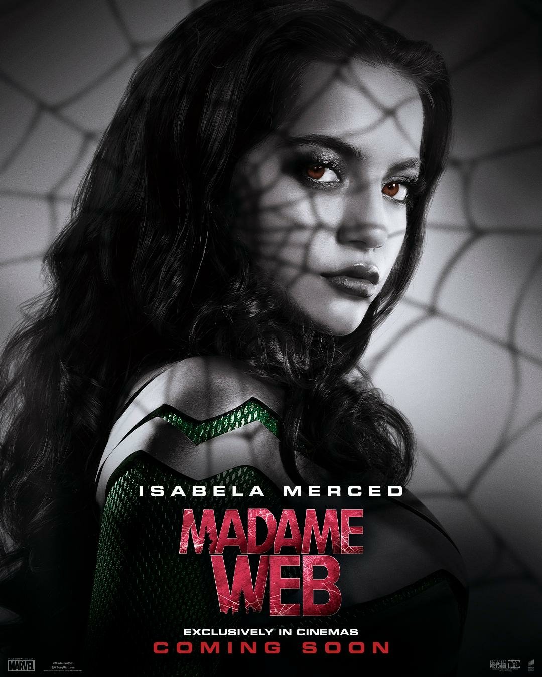 Promotional poster for the movie Madame Web featuring Isabela Merced as Anya Corazon, with a web pattern overlay on her face, and the text Exclusively in cinemas coming soon.