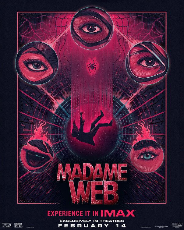Official Madame Web movie poster featuring a stylized spider and web motif with IMAX experience announcement for exclusive theatre release on February 14.