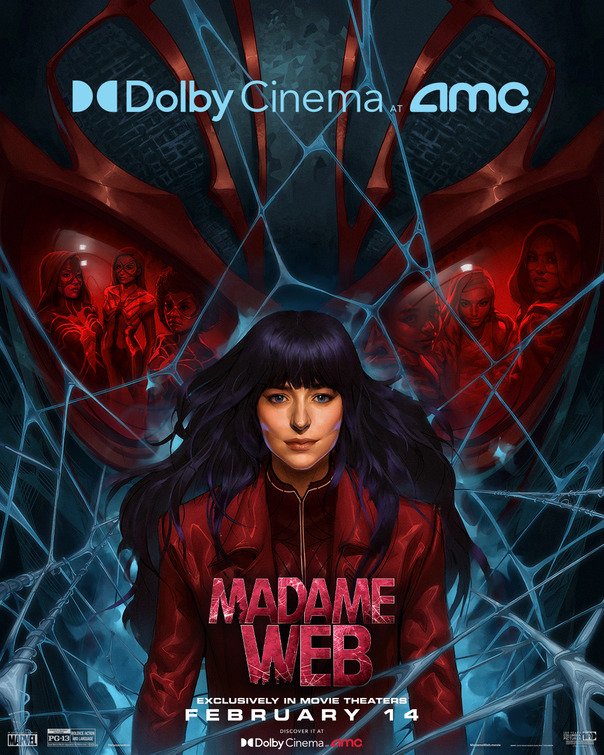 Promotional poster for the movie Madame Web showing a central character with mystical threads in the background, featuring the Dolby Cinema AMC logo with a release date.