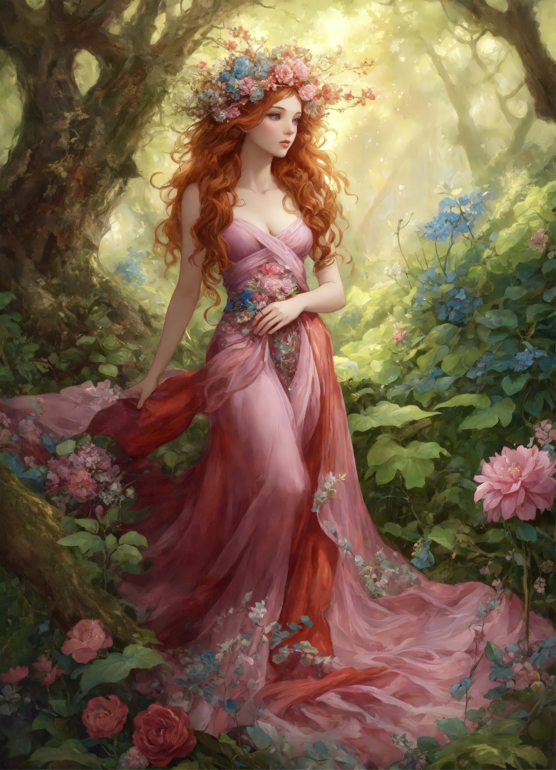 AI art illustration of a red‑haired woman in a flowing pink gown and flower crown, standing amid a sunlit fantasy forest of roses and glowing foliage.
