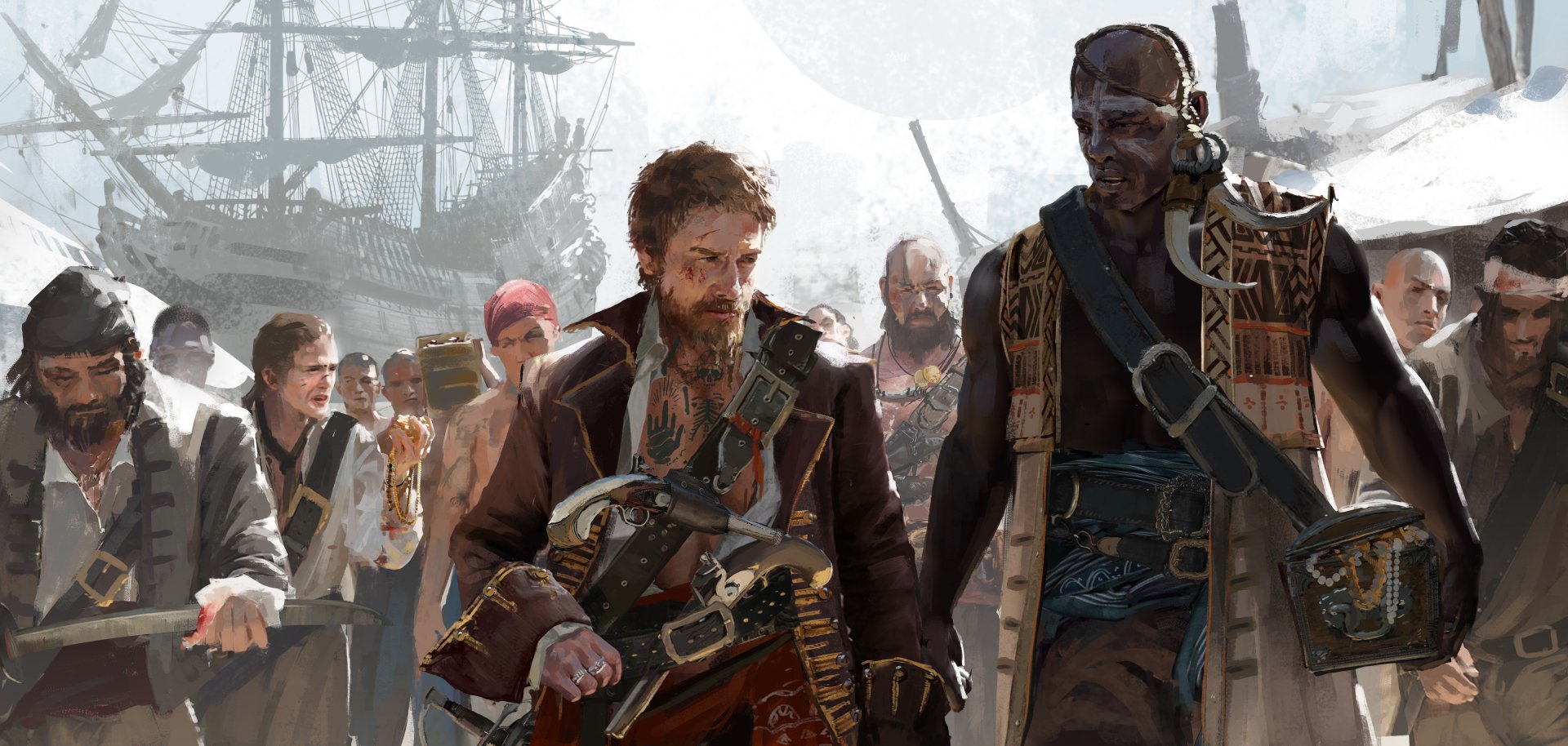 Illustration of two pirate characters from the video game Skull and Bones, with a ship in the background, evoking adventure and maritime exploration.