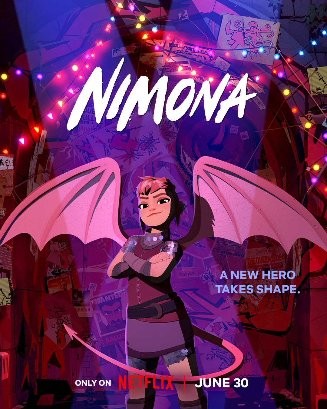 Promotional poster for the animated movie 'Nimona' showing the main character with wings, with a tagline 'A new hero takes shape' and a release date on Netflix on June 30.