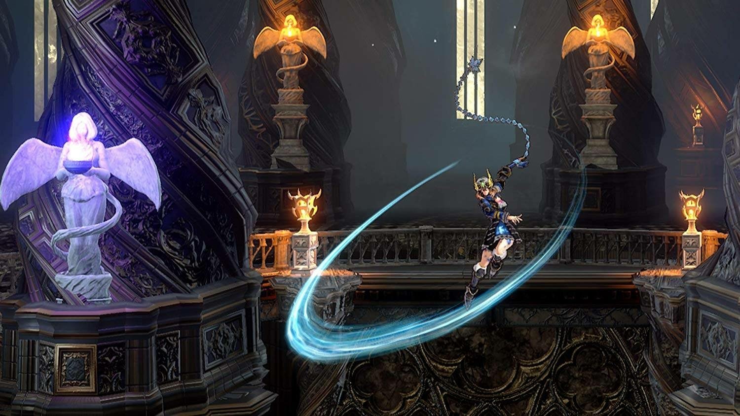 In-game screenshot from Bloodstained: Ritual of the Night showing the main character wielding a magical whip with a blue trail in a gothic cathedral environment.