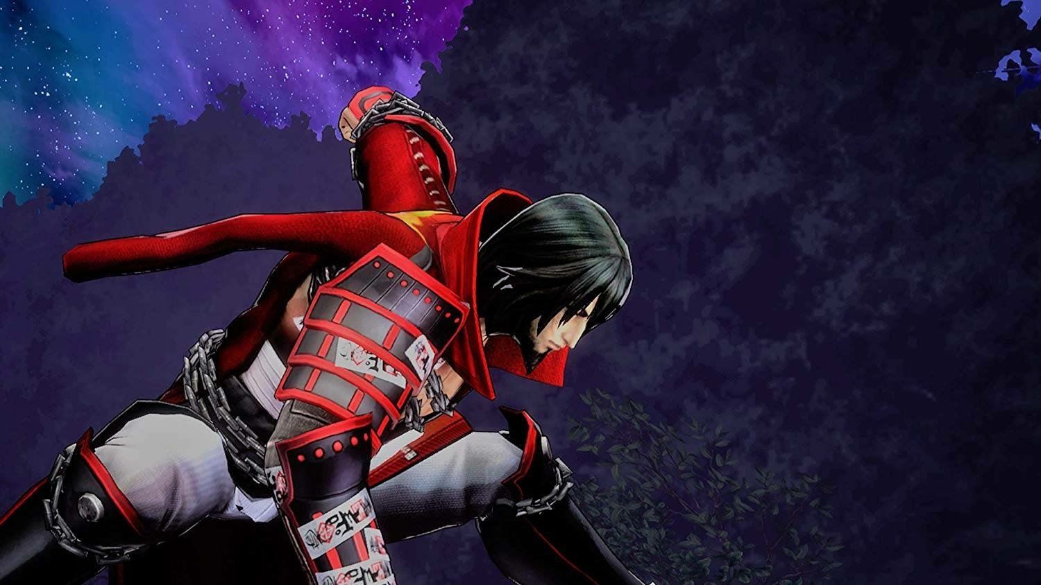 Character from Bloodstained: Ritual of the Night video game posing dramatically with cosmic background.