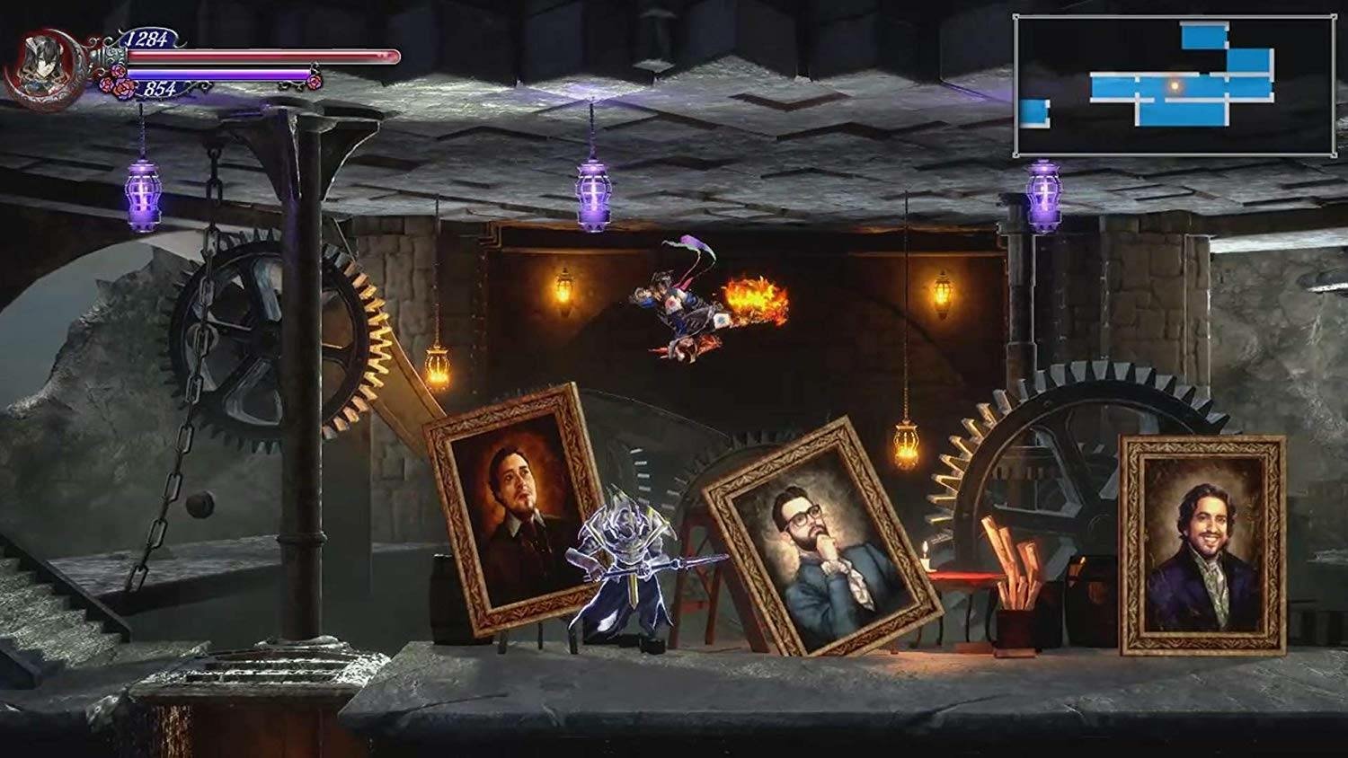A scene from Bloodstained: Ritual of the Night video game showing a character casting a spell near portraits in a gothic castle environment.