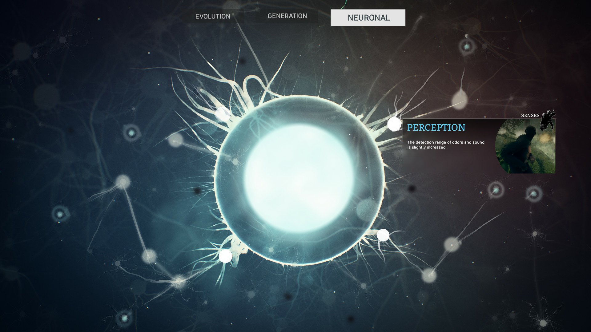 Screenshot of a neural network evolution interface from the video game Ancestors: The Humankind Odyssey, showcasing a perception neuron upgrade.