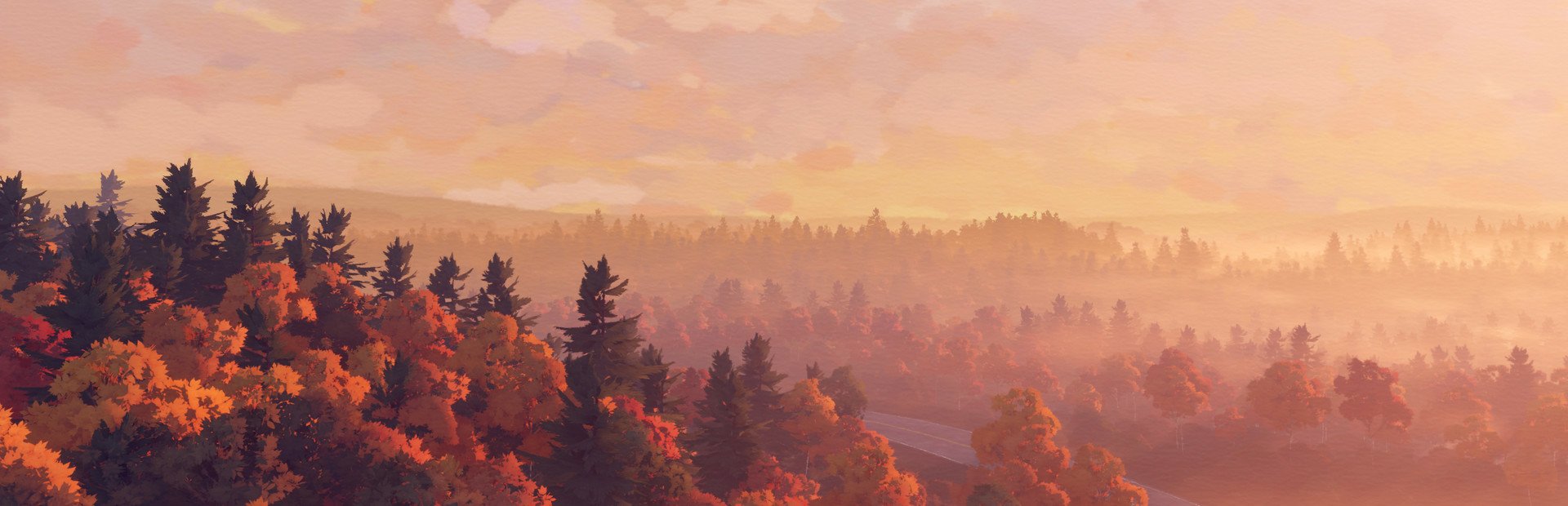 Scenic autumn forest from the video game Open Roads with warm sunset hues and a winding road through the trees.