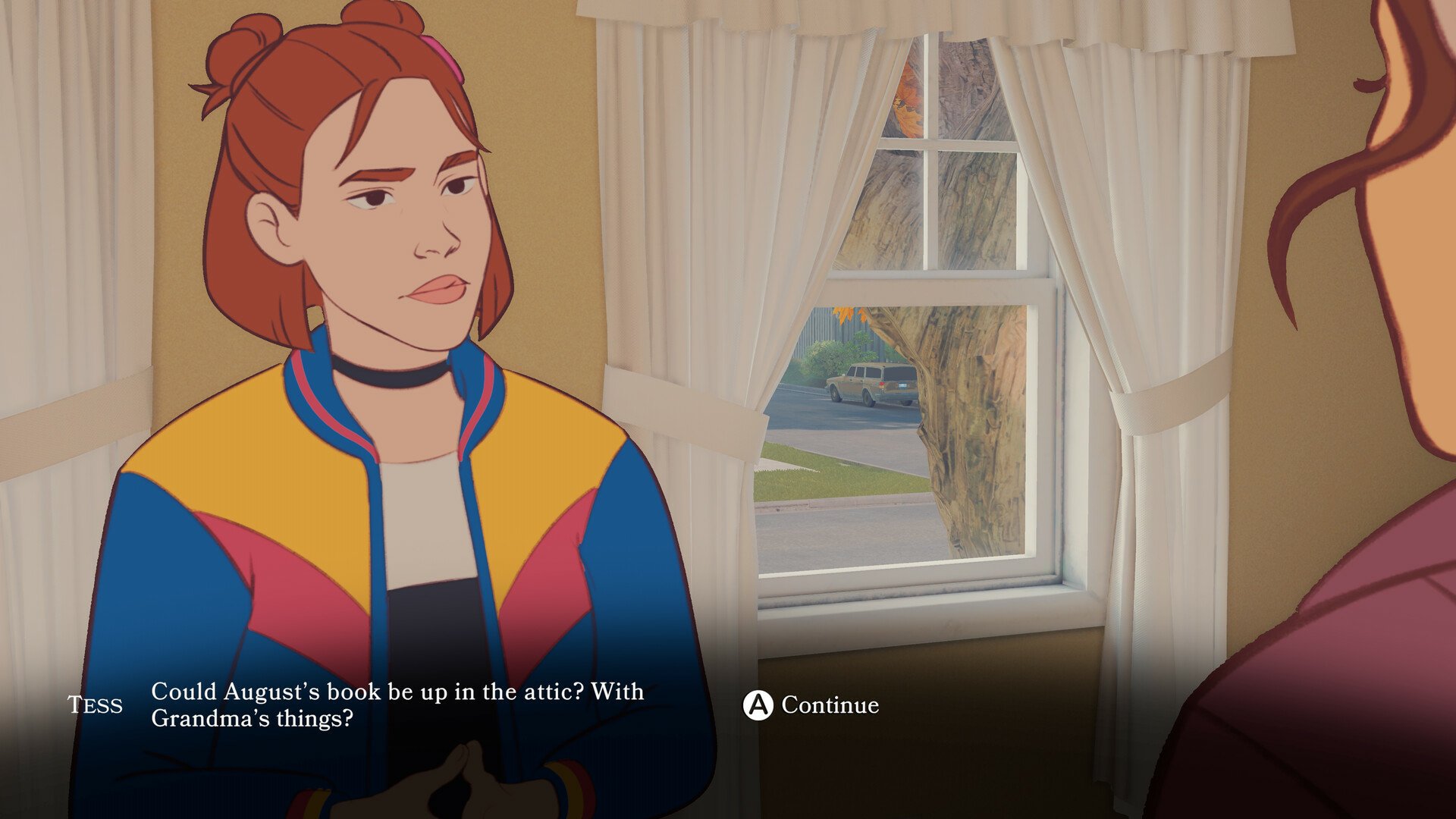 Video game Open Roads screenshot showing a character named Tess in a dialogue scene, pondering if a book could be in the attic with her grandma's things.