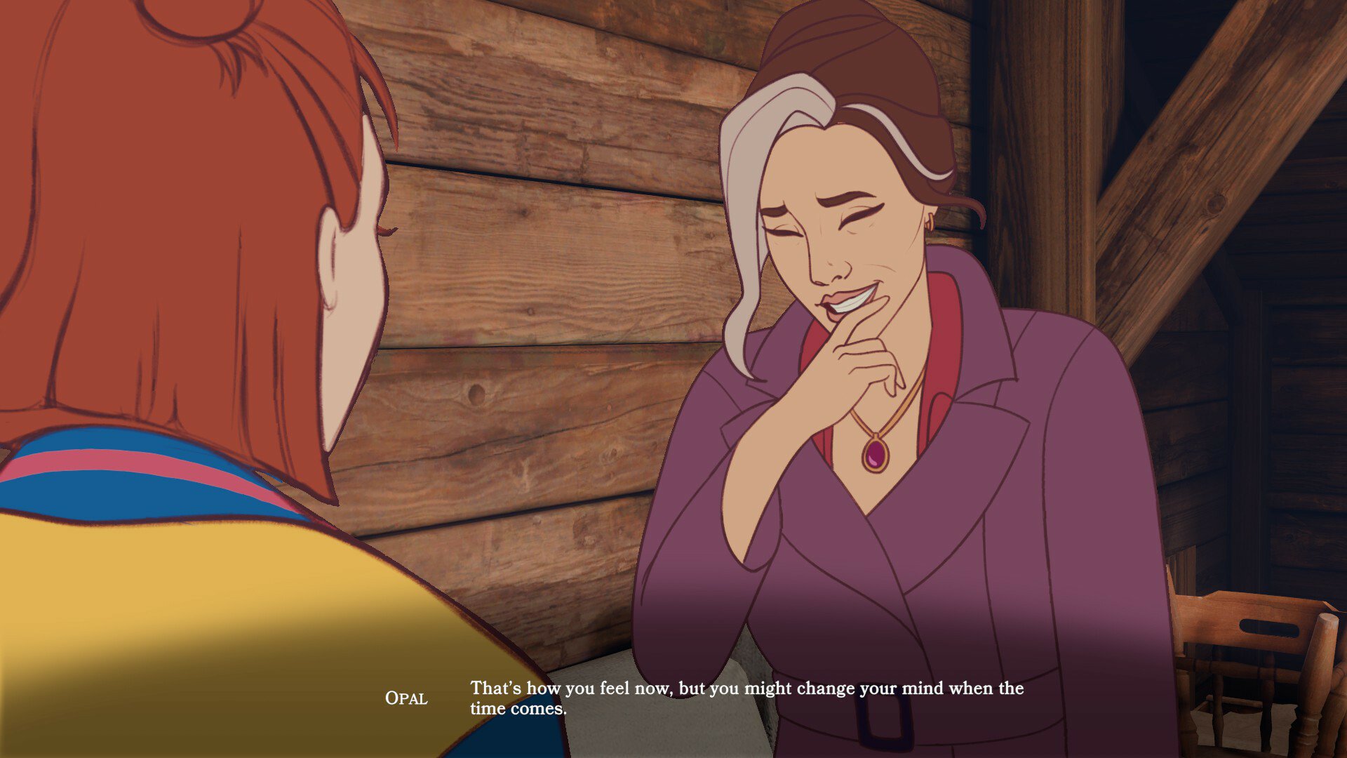 A screenshot from Open Roads video game showing a heartfelt conversation between two animated characters in a cozy wooden cabin environment.