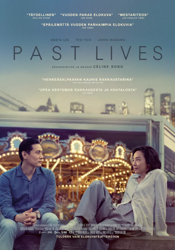 Movie poster for Past Lives featuring two actors with a carousel in the background, illustrating a romantic drama theme.