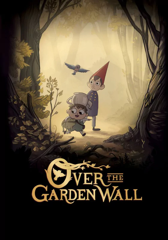Poster of the animated TV show 'Over the Garden Wall' featuring the main characters standing in a mystical forest setting.