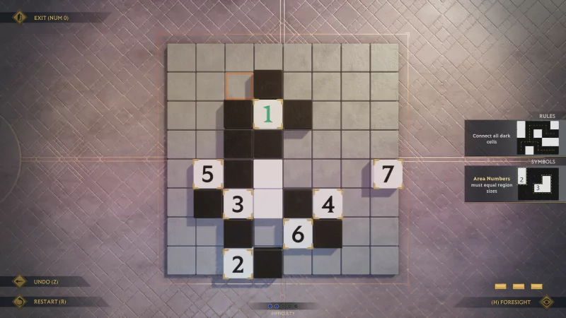 Screenshot from the video game Islands of Insight featuring a puzzle grid with numbered tiles, hinting at engaging gameplay challenges.
