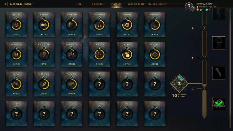 Screenshot of a skill tree interface from the video game Islands of Insight, highlighting various abilities and upgrade paths available to the player.
