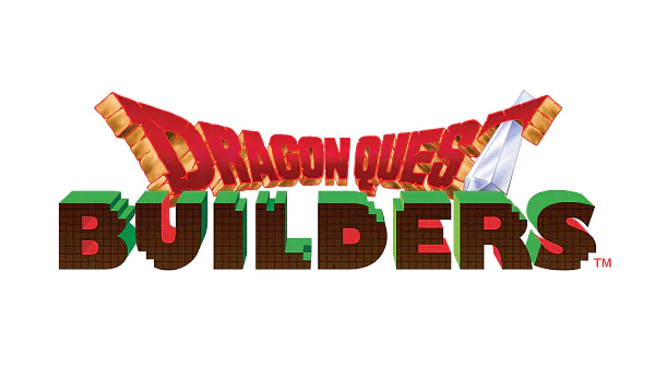 Logo of Dragon Quest Builders video game with stylized block lettering.