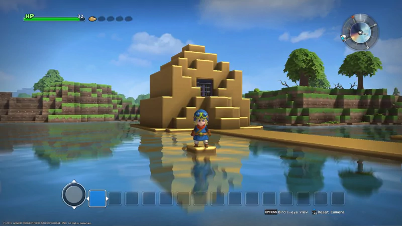 Player character on a raft approaching a pyramid structure in the video game Dragon Quest Builders, showcasing in-game building and exploration elements.