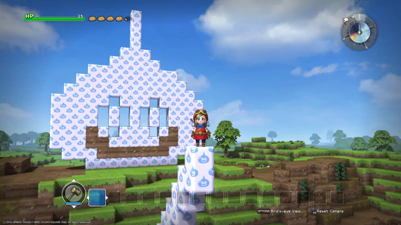 In-game screenshot from Dragon Quest Builders featuring a character standing on a structure with a pixelated cloud design against a blue sky background.