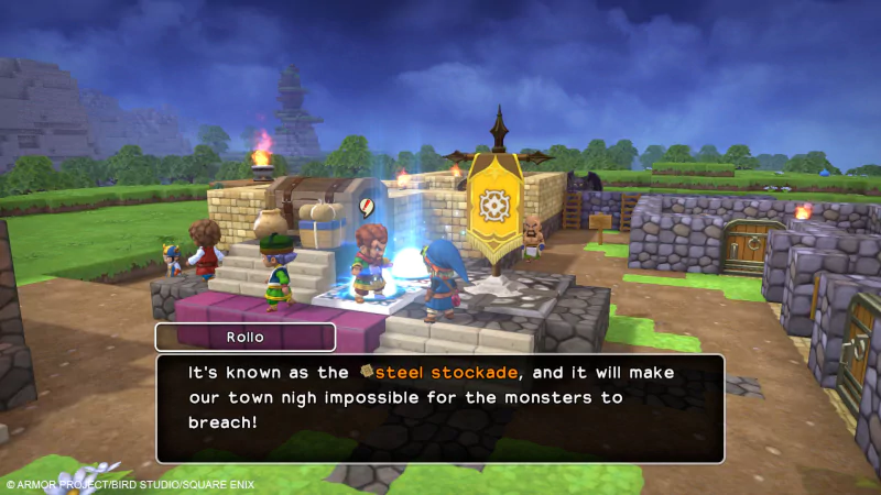 Screenshot from Dragon Quest Builders video game showing characters in a fortified town with dialogue about the steel stockade.