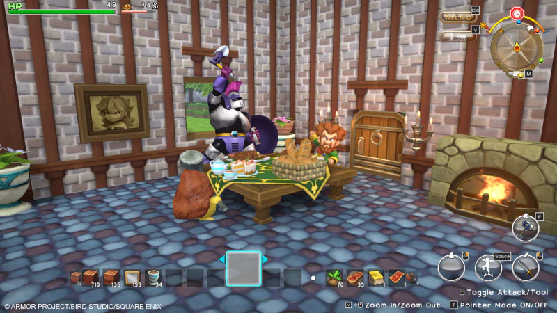 In-game screenshot from Dragon Quest Builders featuring a character in a cozy brick-walled room with a fireplace, crafting tables, and decorative items.