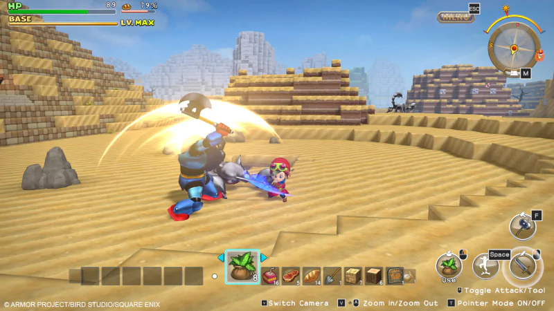 Player character battling a blue monster in the desert landscape of Dragon Quest Builders video game.